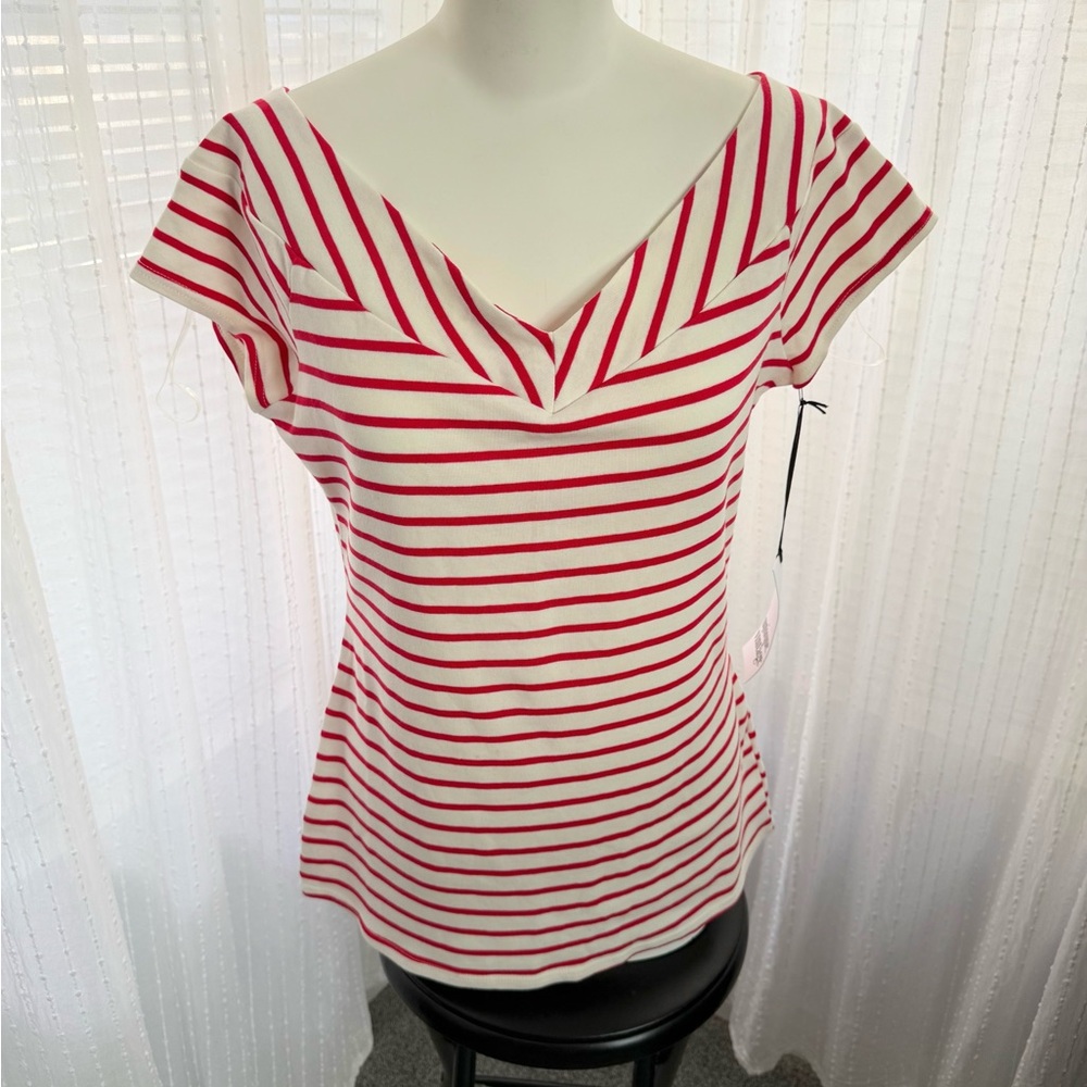Striped V-Neck Cap Sleeve Top - Red & White